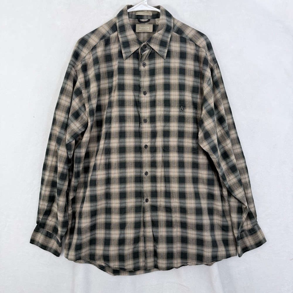 Arrow Shirt Mens L Blue Work Casual Plaid Rayon Pocket Button Up